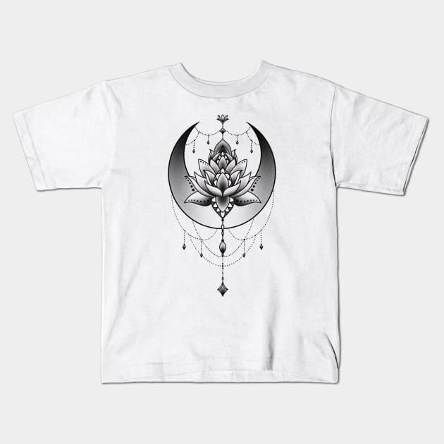 Celestial Crescent Moon and Mandala Lotus Flower Kids T-Shirt by Helena Morpho 